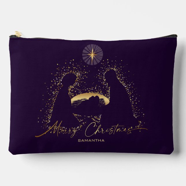 Nativity Manger Christmas Purple  Gold Custom Name Accessory Pouch (Front)