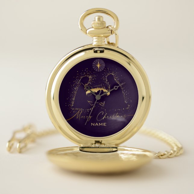 Nativity Manger Christmas Purple Gold Custom Name Pocket Watch (Inside)