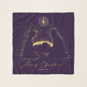 Nativity Manger Christmas Purple Gold Custom Name Scarf
