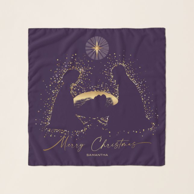 Nativity Manger Christmas Purple  Gold Custom Name Scarf (Front)