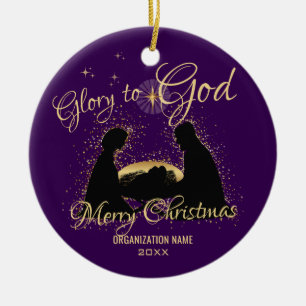 Nativity Manger Glory To God Purple Ceramic Ornament