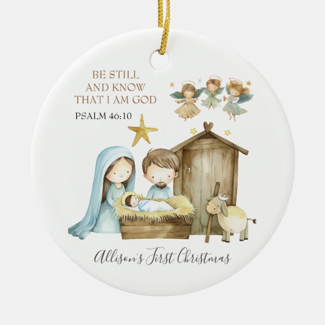 Nativity Manger Scene Bible Verse First Christmas Ceramic Ornament (Front)