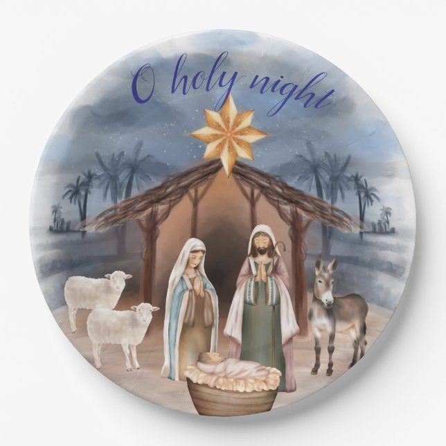 Nativity Manger Scene Church Party Christmas Paper Plates (Front)