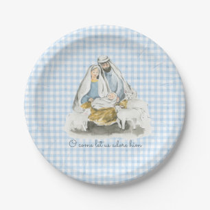Nativity, Manger Scene, Gingham Blue Paper Plates