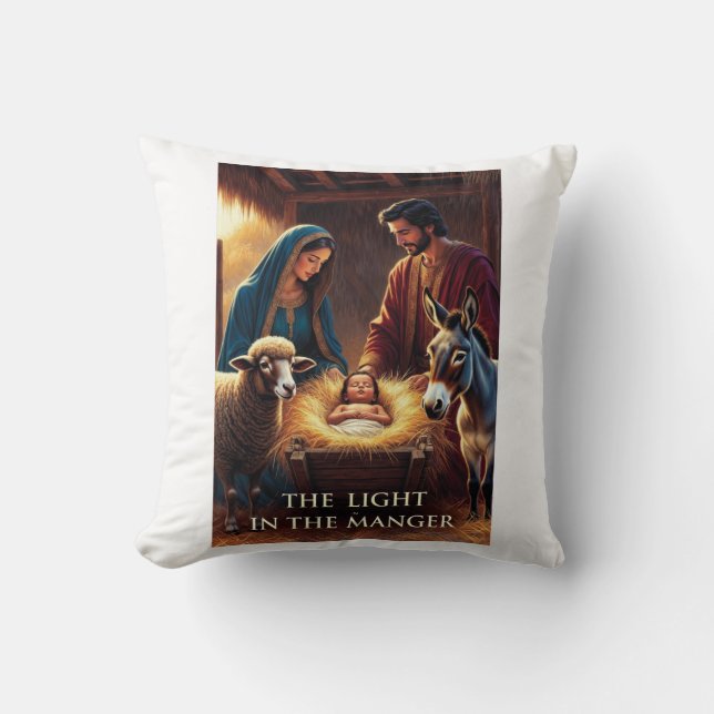 Nativity Manger T-Shirt Throw Pillow (Front)