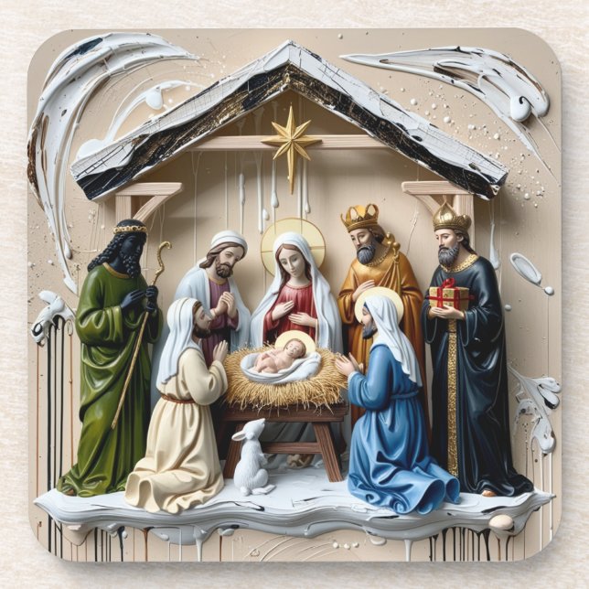 Nativity manger, tree wise men Bethlem Beverage Coaster (Front)