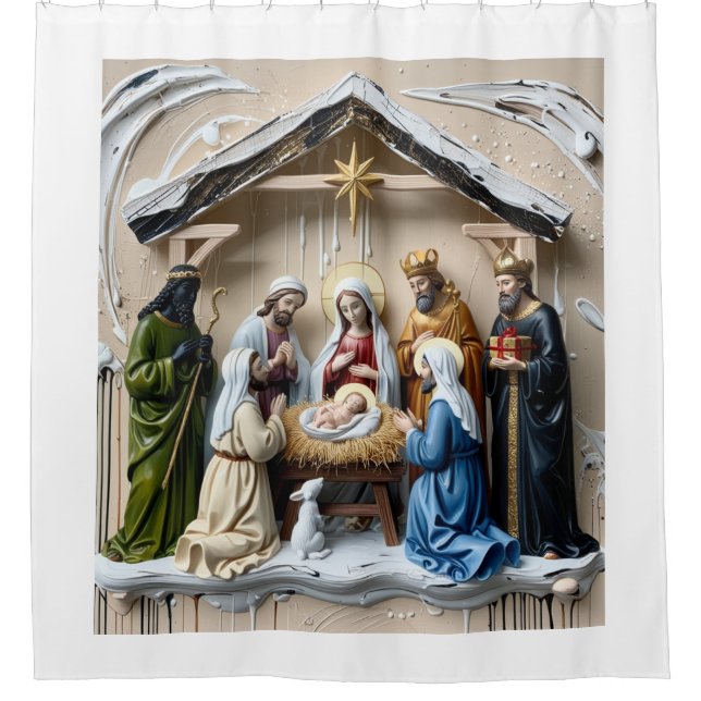 Nativity manger, tree wise men Bethlem Shower Curtain (Front)