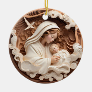 Nativity Mary and Baby Jesus 3d Wood Look Ceramic Ornament