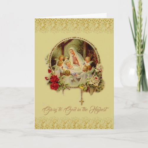 Nativity Mary Jesus Rosary Angels Red Roses Holiday Card