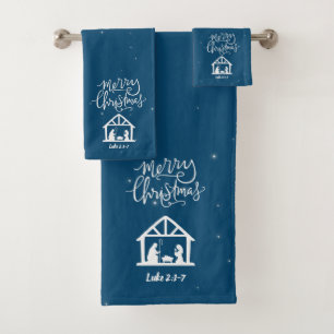 Nativity Merry Christmas Blue Bath Towel Set