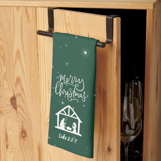 Nativity Merry Christmas Green Kitchen Towel (Thirds Fold)