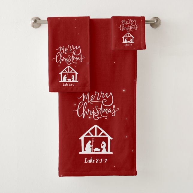 Nativity Merry Christmas Red Bath Towel Set (Insitu)