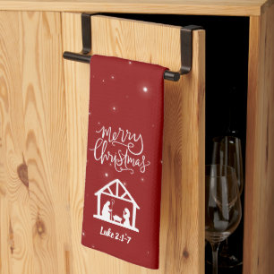 Nativity Merry Christmas Red Kitchen Towel