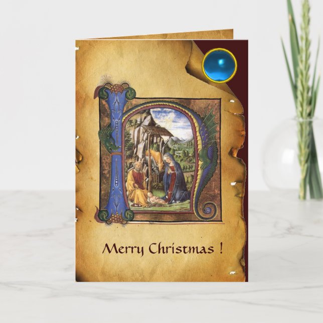 NATIVITY MONOGRAM CHRISTMAS PARCHMENT Blue Gem Holiday Card (Front)