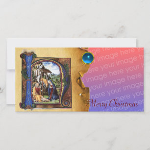 NATIVITY MONOGRAM CHRISTMAS PARCHMENT Blue Gem Holiday Card