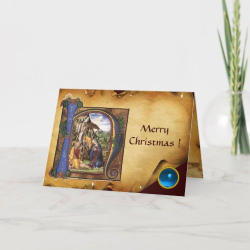 NATIVITY MONOGRAM CHRISTMAS PARCHMENT Blue Gem Holiday Card