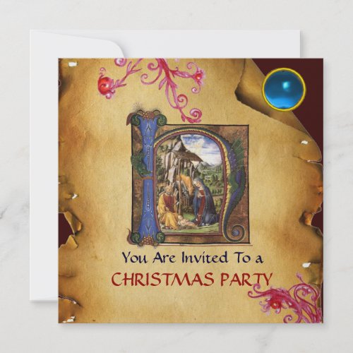 NATIVITY MONOGRAM CHRISTMAS PARCHMENT Blue Gem Ice Invitation