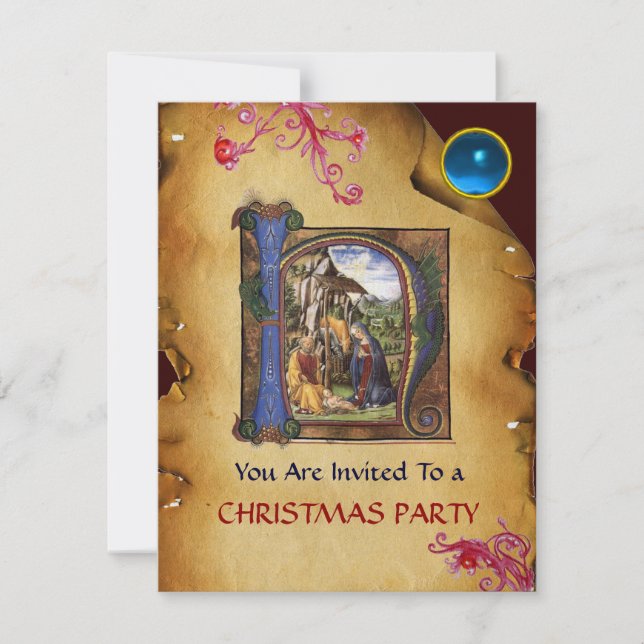 NATIVITY MONOGRAM CHRISTMAS PARCHMENT Blue Gem Ice Invitation (Front)