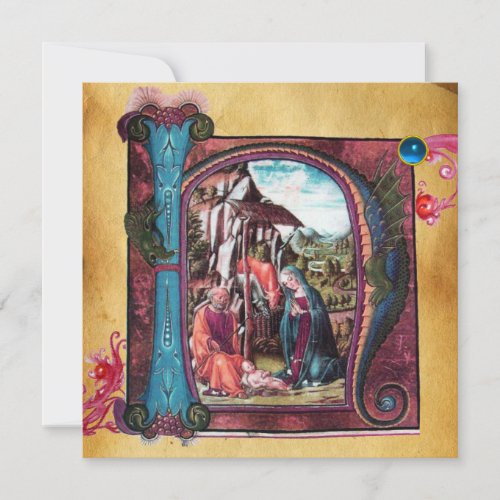 NATIVITY MONOGRAM CHRISTMAS PARCHMENT Blue Gem Invitation