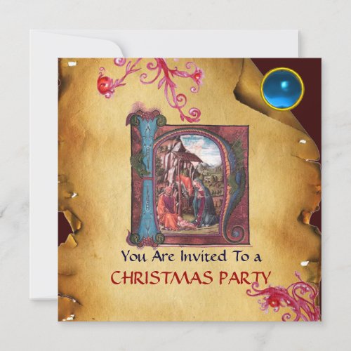 NATIVITY MONOGRAM CHRISTMAS PARCHMENT Blue Gem Invitation