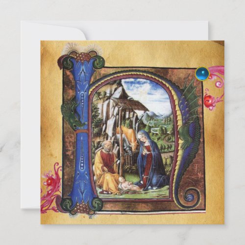 NATIVITY MONOGRAM CHRISTMAS PARCHMENT Blue Gem Invitation