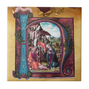 NATIVITY MONOGRAM CHRISTMAS PARCHMENT CERAMIC TILE