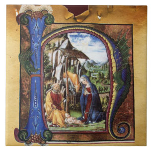 NATIVITY MONOGRAM CHRISTMAS PARCHMENT CERAMIC TILE