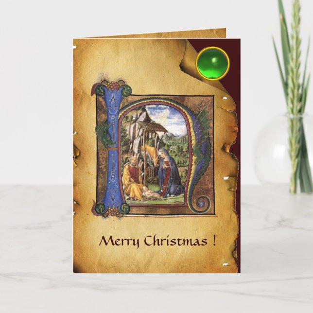 NATIVITY MONOGRAM CHRISTMAS PARCHMENT Green Gem Holiday Card (Front)