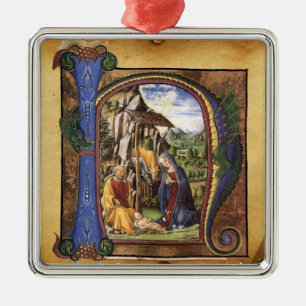 NATIVITY MONOGRAM CHRISTMAS PARCHMENT METAL ORNAMENT