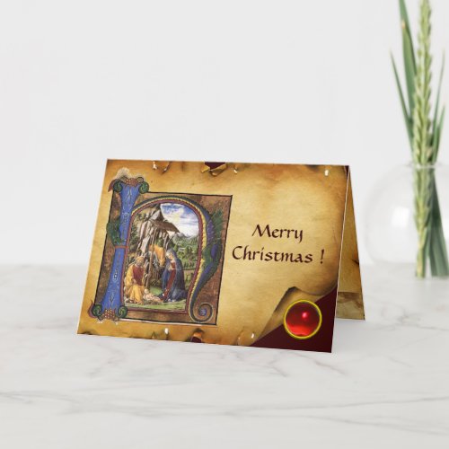 NATIVITY MONOGRAM CHRISTMAS PARCHMENT Red Ruby Gem Holiday Card
