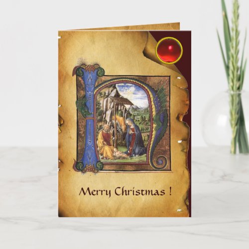 NATIVITY MONOGRAM CHRISTMAS PARCHMENT Red Ruby Gem Holiday Card