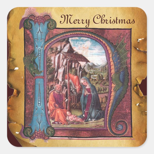 NATIVITY MONOGRAM CHRISTMAS PARCHMENT SQUARE STICKER (Front)