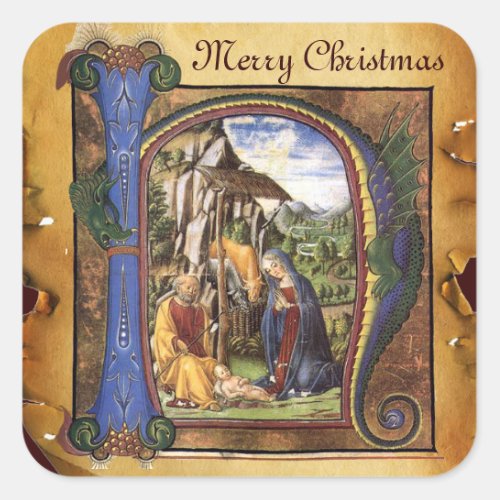 NATIVITY MONOGRAM CHRISTMAS PARCHMENT SQUARE STICKER