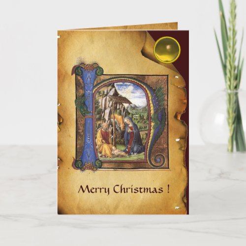 NATIVITY MONOGRAM CHRISTMAS PARCHMENT Yellow Gem Holiday Card