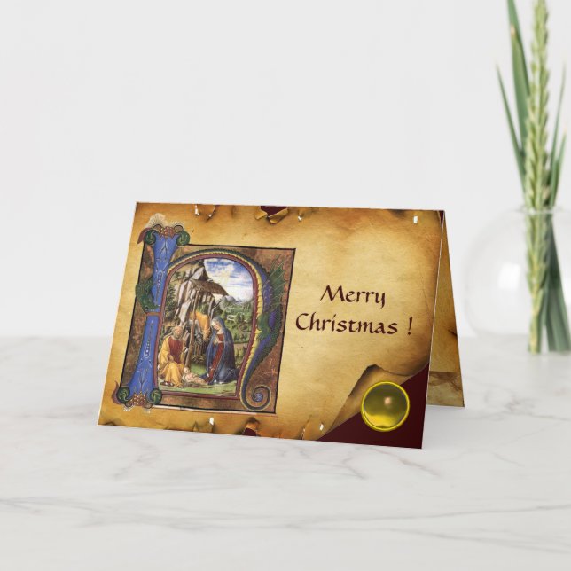 NATIVITY MONOGRAM CHRISTMAS PARCHMENT Yellow Gem Holiday Card (Front)