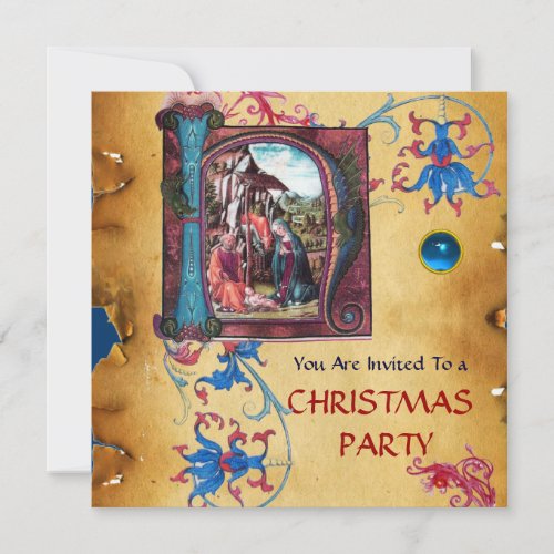 NATIVITY MONOGRAM FLORAL CHRISTMAS PARCHMENT INVITATION