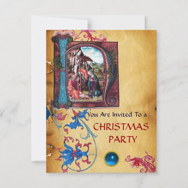 NATIVITY MONOGRAM FLORAL CHRISTMAS PARCHMENT INVITATION (Front)