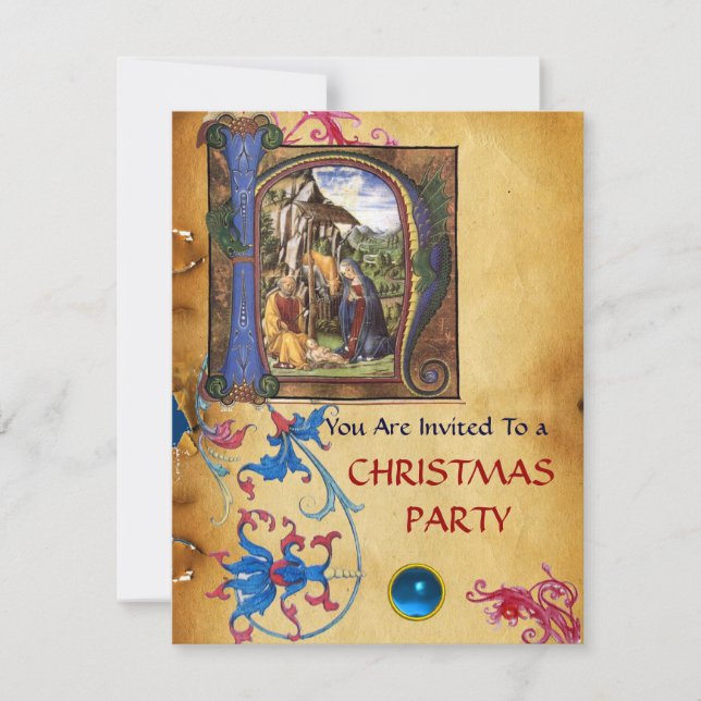 NATIVITY MONOGRAM FLORAL CHRISTMAS PARCHMENT INVITATION (Front)