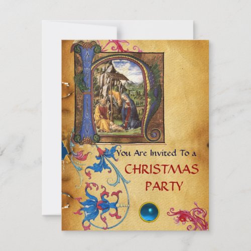 NATIVITY MONOGRAM FLORAL CHRISTMAS PARCHMENT INVITATION