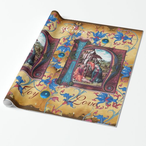 NATIVITY MONOGRAM FLORAL CHRISTMAS PARCHMENT WRAPPING PAPER