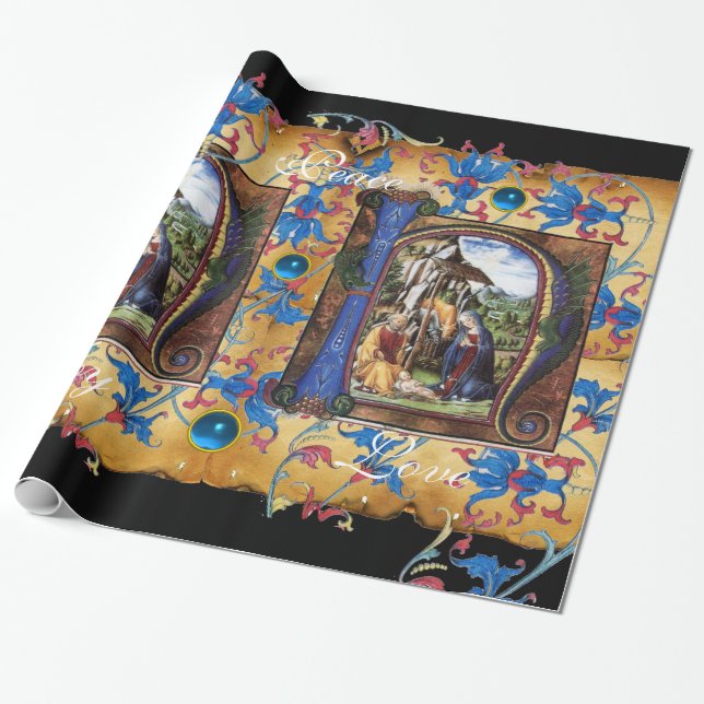 NATIVITY MONOGRAM FLORAL CHRISTMAS PARCHMENT WRAPPING PAPER (Unrolled)