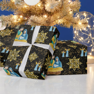 Nativity Night Mary Joseph Jesus Angels Golden Wrapping Paper