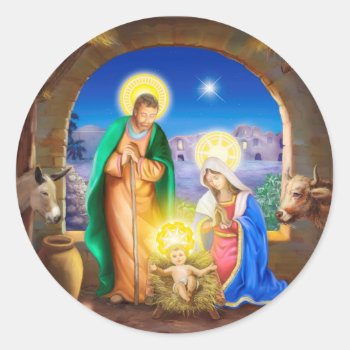 Nativity Of Jesus With Josef And Mary  Cows  Donky Classic Round Sticker by patrickhoenderkamp at Zazzle