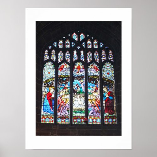 Nativity on a stained glass window poster
