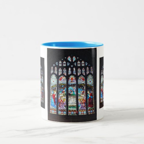 Nativity on a stained glass window Two_Tone coffee mug