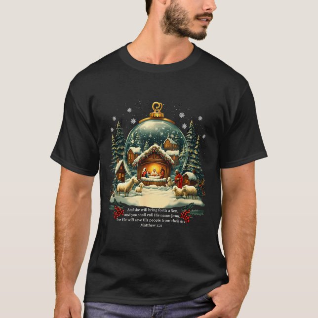 Nativity Ornament Christmas Scene Matthew 1_21  T-Shirt (Front)