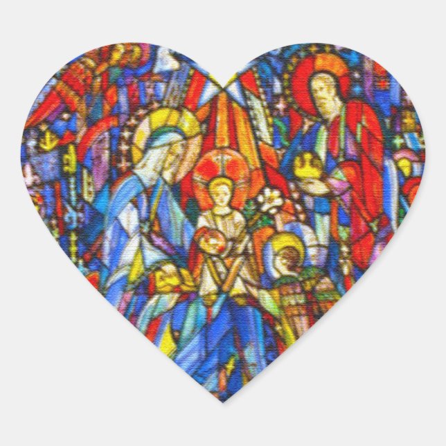 Nativity Painted Stained Glass Style Heart Sticker (Front)