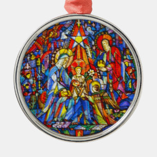 Nativity Painted Stained Glass Style Metal Ornament