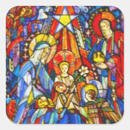 Nativity Painted Stained Glass Style Square Sticker