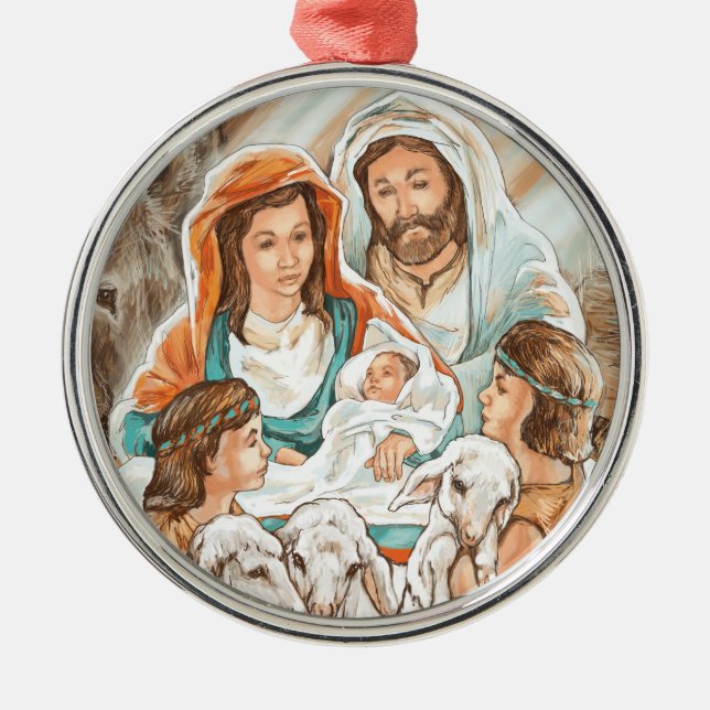 Nativity Painting with Little Shepherd Boys Metal Ornament (Front)